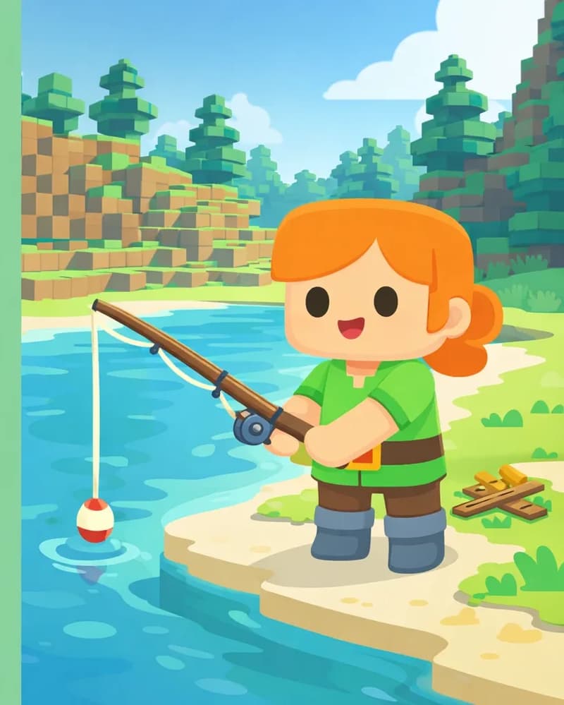 On the right side of the image, Alex stands at the edge of a body of water on a sandy bank, holding a fishing rod with a determined expression. The outdoor scene features a hilly, tree-covered landscape under a clear blue sky with sunlit daytime lighting. Sticks and crafting materials are visible on the grassy ground nearby, suggesting Alex has just assembled the rod. The left side of the image is plain green background, clear for text overlay.