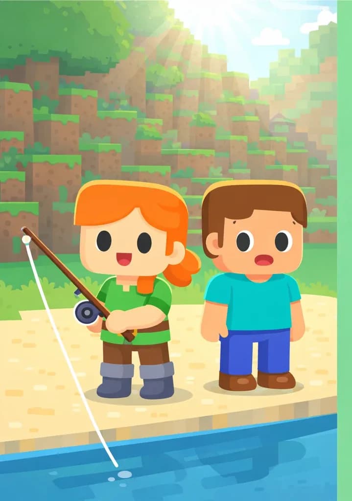 On the left side of the image, Alex and Steve stand together on a sandy riverbank overlooking water below. Alex stands holding a fishing rod, looking ready to fish, while Steve stands beside her with empty hands and a neutral, slightly uncertain expression — he has no rod or supplies. The scene is set outdoors during daytime, with sunlight streaming down through a tall hillside of earth and stone behind them, and patches of grass visible along the terrain. The right ~40% of the image is plain green background suitable for text overlay.