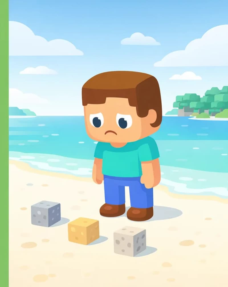 On the right side of the image, Steve stands on a bright sandy beach near the water's edge, looking down at a small scattered collection of block items on the ground — a few crafting materials including what appear to be stone, sand, and ore blocks. He has a neutral, slightly disappointed expression as he surveys the meager supplies. The scene is set outdoors on a sunny day with blue sky and clouds, with ocean water and distant tree-covered islands visible in the background. The left side of the image is plain green background, clear for text overlay.