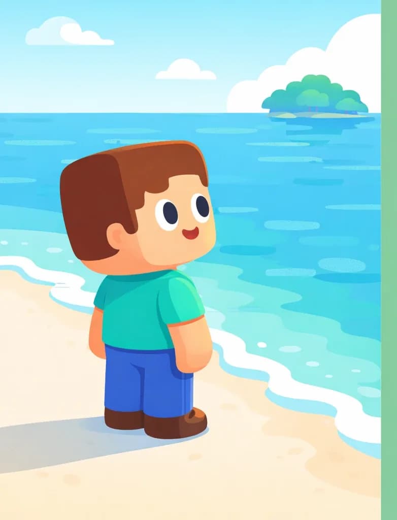 On the left side of the image, Steve stands on a sandy beach near the water's edge, looking out toward the ocean with a calm, thoughtful expression. He appears to be gazing across the water where a distant tree-covered island is visible, as if contemplating whether he needs to travel far. The scene is set outdoors on a bright, sunny day with blue skies and clear water lapping at the shoreline. The right side of the image is plain green background, clear for text.