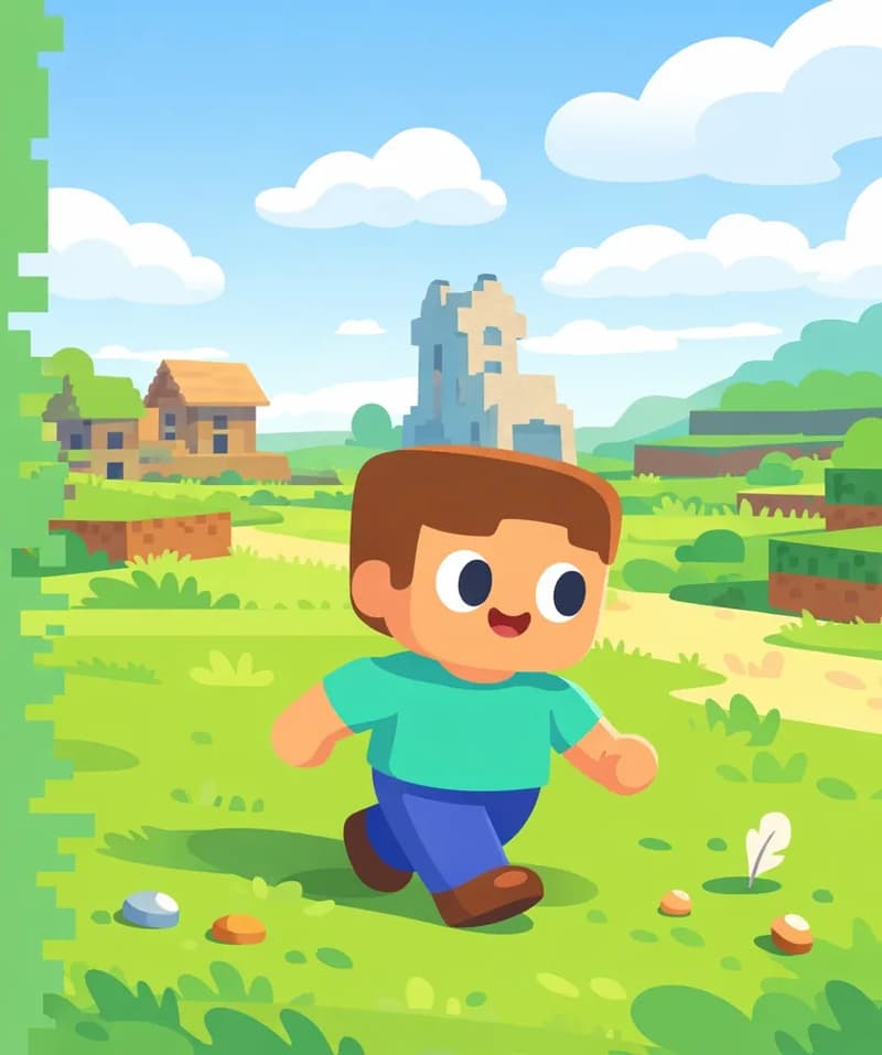 On the right side of the image, Steve is walking across a grassy, open area near a village, with a few small items scattered on the ground around him. He has a determined expression as he surveys the mostly empty terrain, suggesting the crafting resources have already been gathered. Behind him on the right, a Minecraft village with stone and wooden structures sits under a bright blue sky with fluffy white clouds, and green hills roll into the background. The left side of the image is plain green background reserved for text.