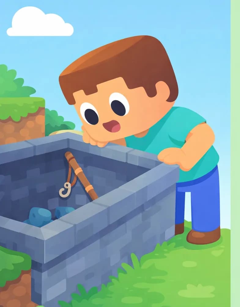 On the left side of the image, Steve stands beside a stone bin structure, leaning forward and peering inside with an eager, curious expression. Inside the bin, an old fishing rod hangs on the wall among a few other items. The scene is set outdoors on a grassy hillside with dirt and grass blocks, under a bright daytime sky. The right ~40% of the image is plain mint-green background, clear for text overlay.