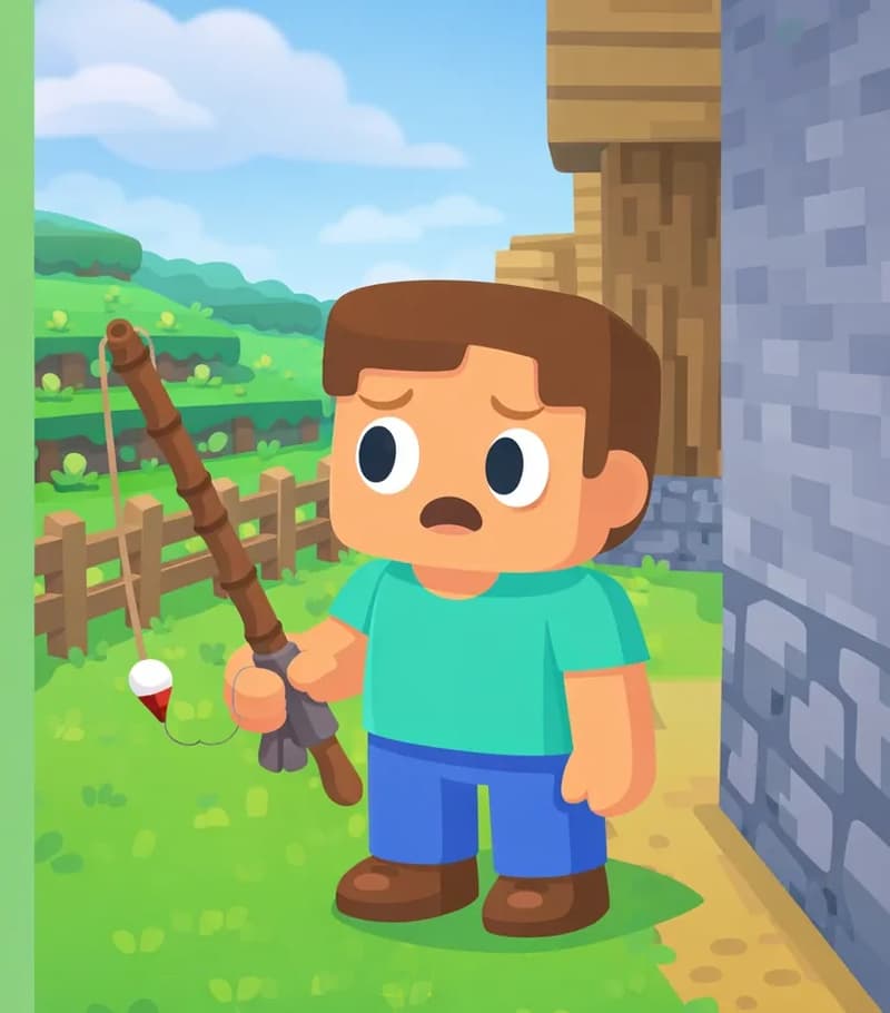 On the right side of the image, Steve stands outdoors in a grassy area next to a wooden and stone building, holding an old, worn fishing rod in his hand with a determined but slightly concerned expression. The rod looks weathered and fragile. The scene is set during daytime under a partly cloudy sky, with a wooden fence and rolling green hillside visible in the background. The left side of the image is plain green background reserved for text.