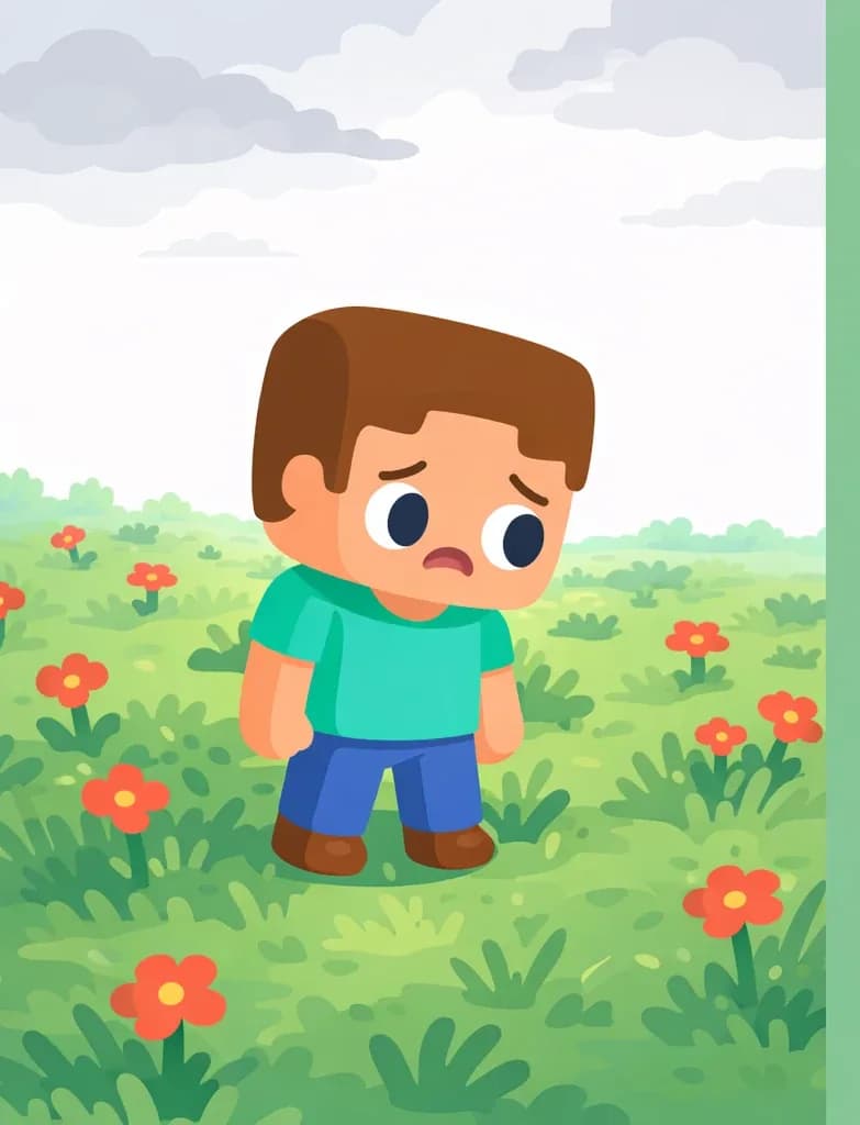 On the left side of the image, Steve stands in a wide, open grassy field dotted with red flowers and tall grass, looking slightly downward with a disappointed, searching expression as he wanders through the landscape. The outdoor scene is set under an overcast, cloudy sky, conveying a sense of unsuccessful searching. The right ~40% of the image is plain green background, clear for text overlay.