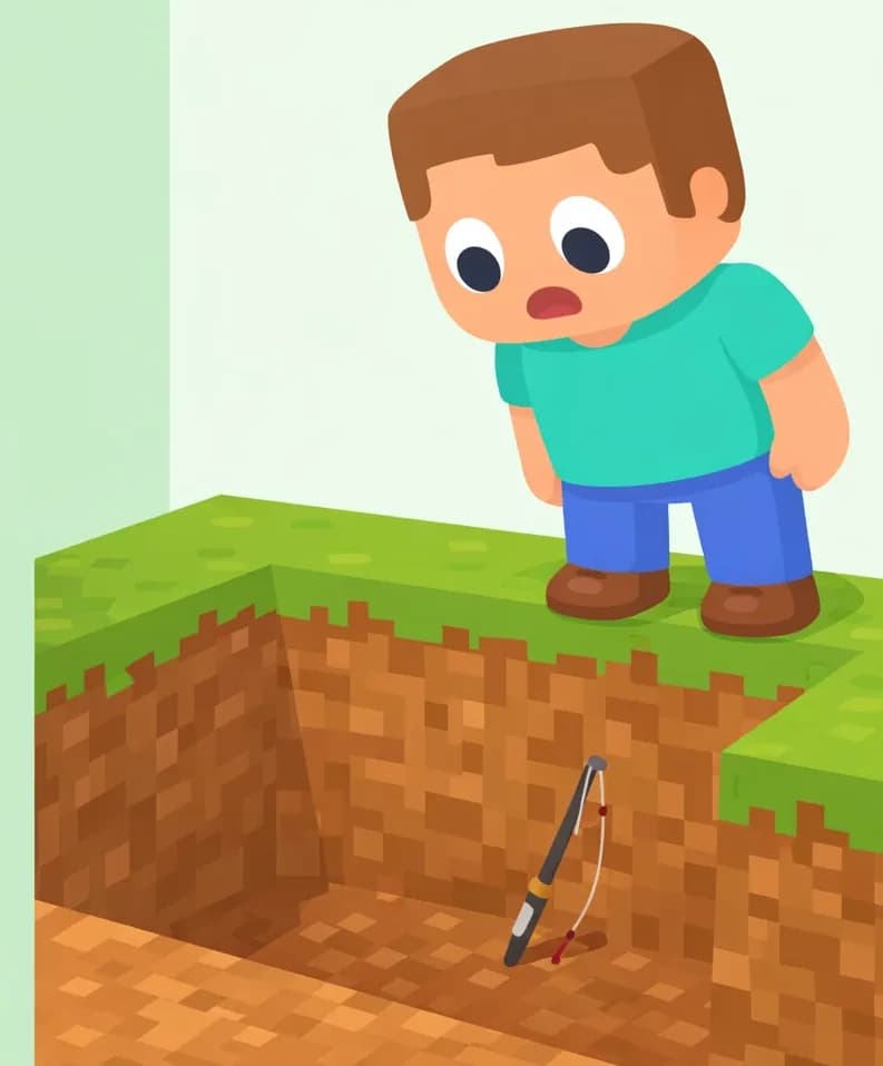 On the right side of the image, Steve stands at the edge of a large rectangular hole dug into blocky, Minecraft-style dirt and earth, looking down into it with a wary, cautious expression. A broken fishing rod is visible sticking up from the bottom of the hole. Green grass borders the top edges of the pit. The left side is plain mint-green background suitable for text overlay.