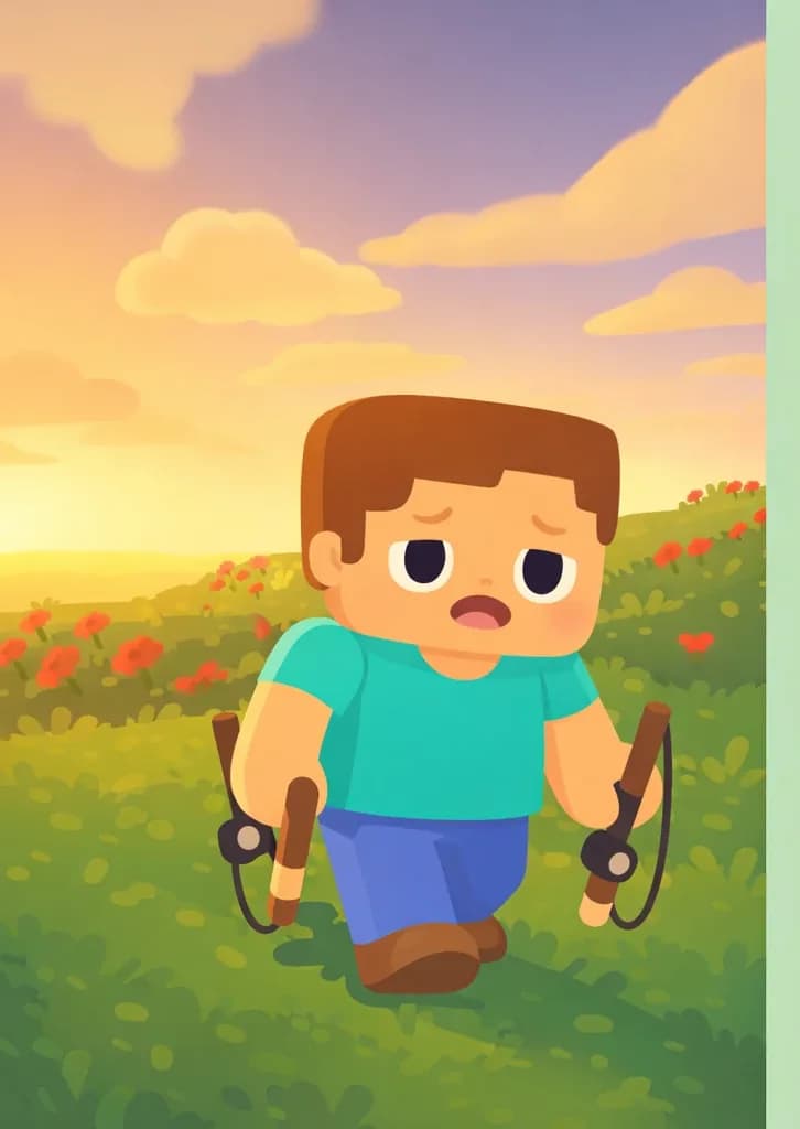 On the left side of the image, Steve is walking forward across a grassy field, holding a fishing rod in each hand at his sides, with a tired but determined expression. The scene is set outdoors during sunset, with warm golden light on the horizon and soft clouds in the sky, suggesting it will be night before long. Red flowers dot the green landscape behind him. The right ~40% of the image is plain mint-green background, clear for text overlay.
