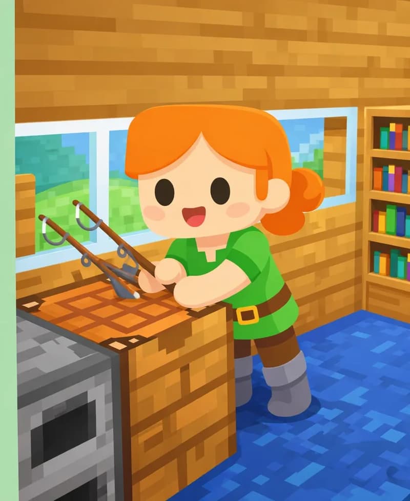 On the right side of the image, Alex stands indoors at a crafting table, leaning forward with an excited, bright-eyed expression as she works on crafting. Two old fishing rods sit on the table in front of her. The scene is set inside a wooden house with a plank ceiling, windows showing greenery outside, a bookshelf against the wall, and a blue floor. A furnace sits nearby below the crafting table. The left ~40% of the image is plain mint-green background for text overlay.