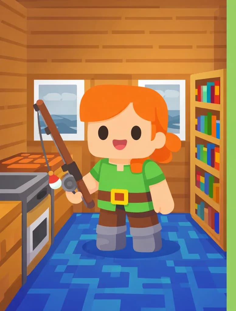 On the left side of the image, Alex stands inside a wooden cabin, holding a brand-new fishing rod in her hand with a proud, satisfied expression. The indoor scene features a cozy room with wooden plank walls and ceiling, bookshelves filled with colorful books along the back wall, windows looking out to a gray sky, and a crafting table or furnace to her left. The floor is a vibrant blue pattern. The right ~40% of the image is plain green background reserved for text.