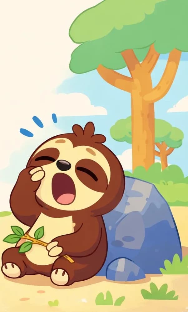 Sloth is sitting on the ground on the right side of the image, leaning back against a blue-gray rock with mouth wide open in a big yawn, one paw raised near their face. They hold a small leafy twig in their other paw and look exhausted and sleepy. The outdoor scene features flat ground with small tufts of grass, a couple of tall trees in the background, and a large blank cream area on the left for page text.