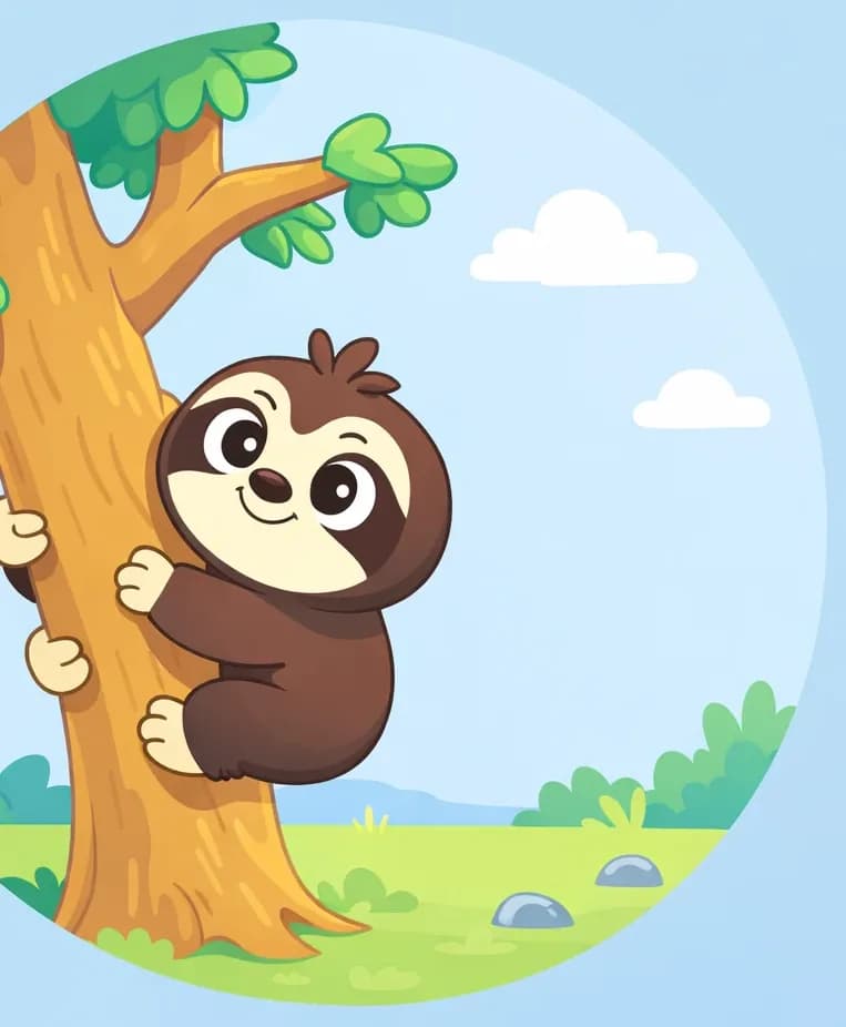 On the left side of the image, Sloth is climbing up the trunk of a tall tree, gripping it with all four limbs and looking upward with a content, curious expression. The tree has a few green leafy branches extending from the top. The outdoor scene shows a grassy ground with small rocks, set against a bright daytime sky with a couple of small clouds. The composition is framed within a circular vignette.
