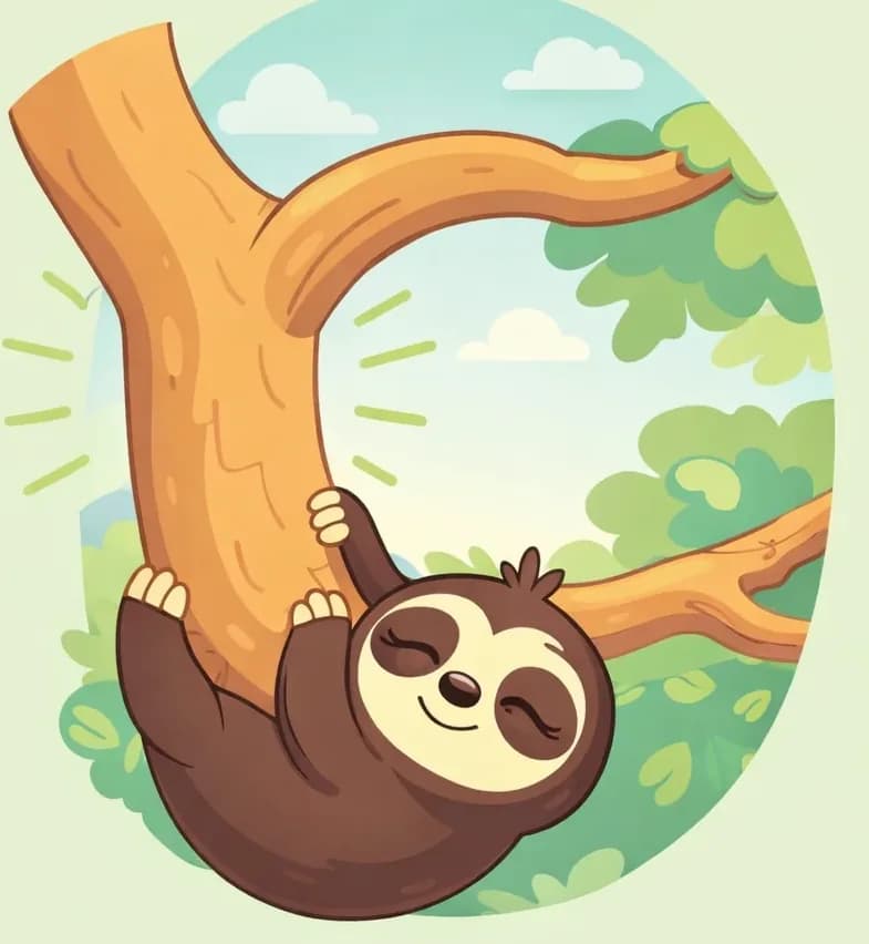 On the right side of the image, Sloth hangs upside down from a curved tree branch, clinging on with all four paws and looking content with half-closed, sleepy eyes and a gentle smile. The tree has a prominent curve in its trunk with radiating lines suggesting it's the "right spot." The scene is set outdoors against a soft green oval backdrop with simple leaf and cloud shapes, giving a peaceful, restful mood.