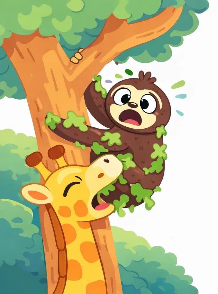 On the left side of the image, Sloth hangs from a tree branch with a startled, pained expression, eyes wide open in shock. Patches of green moss are visible on Sloth's dark brown fur, resembling leaves. Giraffe's head reaches up into the tree from below with eyes closed and mouth open, biting at Sloth's mossy fur, clearly having mistaken Sloth for a leafy snack. Green foliage surrounds the tree, with the right side of the image left as plain white background for page text.