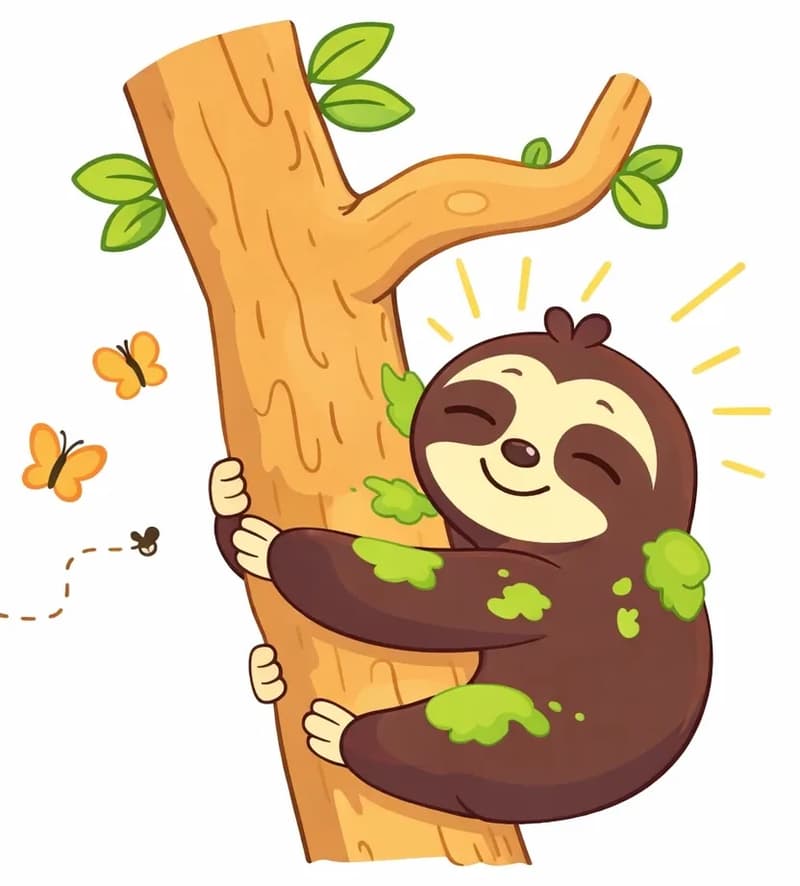 Sloth is on the right side of the image, clinging to a tree branch with a content, sleepy smile, looking relaxed and ready to settle in for a nap. Patches of green moss are still visible on Sloth's dark brown fur. Sloth hugs the trunk with all four limbs, nestled against the bark with green leaves sprouting around the branches. Small butterflies and insects flutter in the open space to the left, and radiating lines around Sloth suggest a sense of satisfaction at having found the perfect spot. The scene is outdoors in a bright, simple setting with a clean white background on the left side.