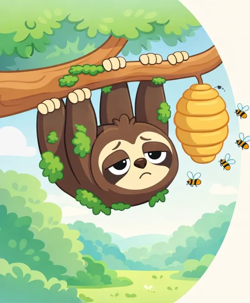 On the left side of the image, Sloth hangs upside down from a tree branch, gripping with all four paws, wearing a sleepy and unamused expression. Patches of green moss cling to Sloth's dark brown fur. A large beehive dangles from the same branch just to Sloth's right, with several bees buzzing around in the air nearby. The outdoor scene features green foliage in the background, composed within an oval vignette that leaves the right side open as plain background.