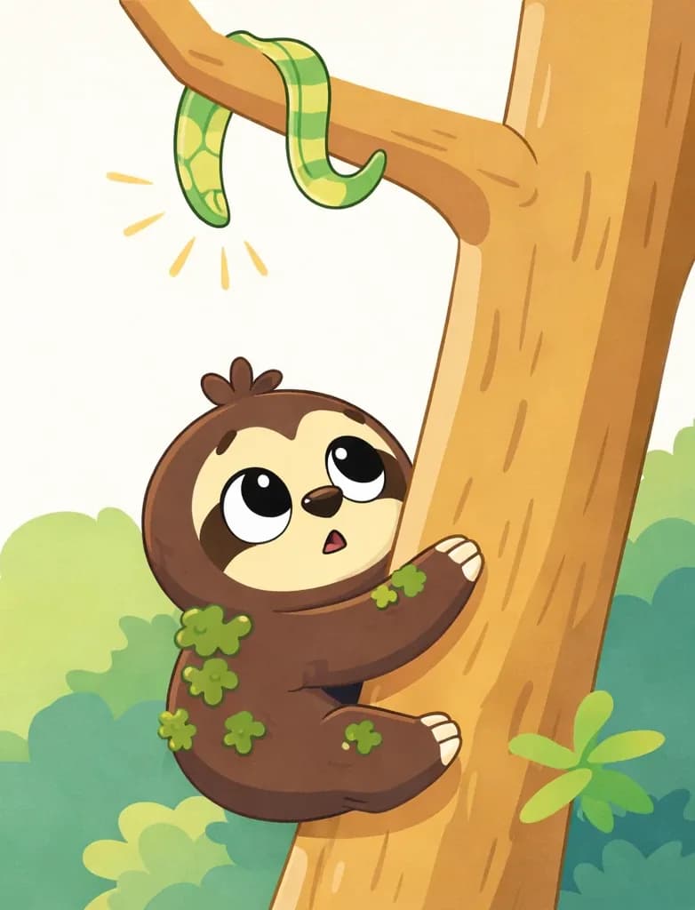 On the right side of the image, Sloth is clinging to a tree trunk, hugging it with all four limbs wrapped around the base, looking upward with a curious, cautious expression. Patches of green moss cling to Sloth's dark brown fur. A tail — belonging to Snake — is visible draped along a branch above, with small radiating lines drawing attention to it, matching the text's clue about spotting "a tail on the branch." The scene is set outdoors against a plain white background with light green foliage accents on the left.