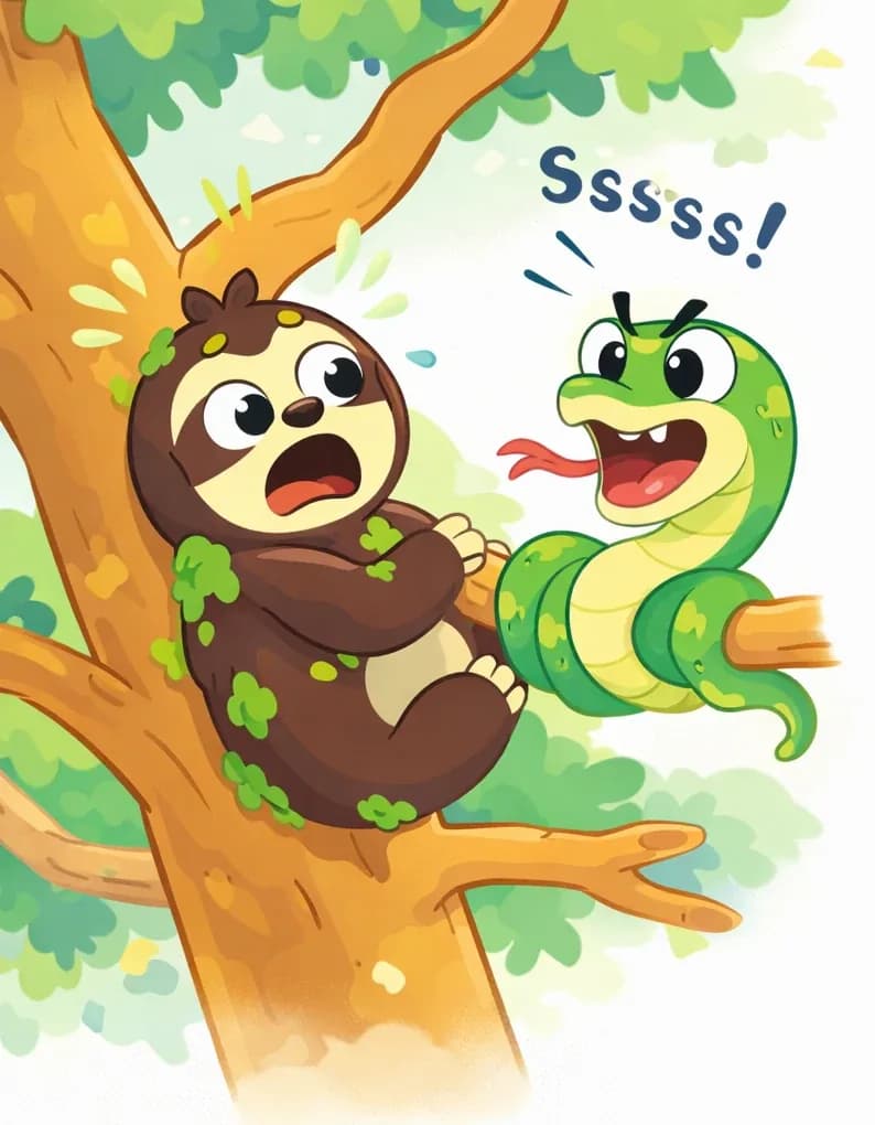 On the left side of the image, Sloth clings to a tree branch with a shocked, wide-eyed, open-mouthed expression, looking alarmed. Patches of green moss cling to Sloth's dark brown fur. Snake is coiled tightly around the same branch near Sloth, hissing loudly with mouth open showing fangs and pink forked tongue flicking out — "Ssssss!" sound effects surround the scene. The setting is outdoors among tree branches with soft green foliage in the background. The right side of the image is plain white background.