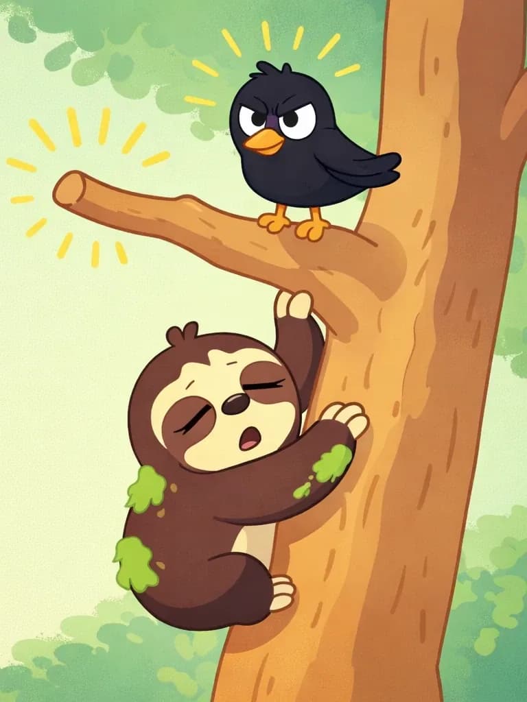 On the right side of the image, Sloth clings to the lower trunk of a large tree, eyes nearly shut and wearing a drowsy, exhausted expression, reaching upward toward a free branch. Patches of green moss cling to Sloth's dark brown fur. Bird perches on an upper branch above, looking down at Sloth alertly with small yellow radiance lines around its head. The empty branch between them glows with radiating lines, highlighting it as the promising free spot. The scene is set outdoors against a soft green background suggesting leafy surroundings.