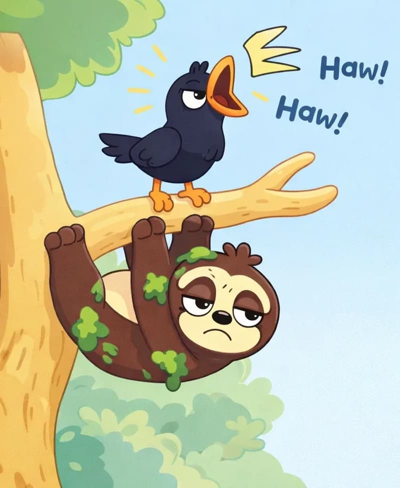 On the left side of the image, Sloth hangs upside down from a tree branch, clinging with all four paws and looking annoyed and frustrated, with furrowed brow and one eye half-open. Patches of green moss cling to Sloth's dark brown fur. Bird is perched on a branch directly above Sloth, head tilted back and short orange beak open wide, cawing loudly — "Haw-haw!" sound effects surround the scene. The setting is outdoors in a tree with green leaf patches in the background, and the right portion of the image is open background space.
