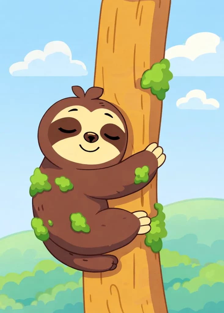 On the right side of the image, Sloth is clinging near the top of a tall tree trunk, hugging it with all four limbs and wrapping their tail around it. Patches of green moss cling to Sloth's dark brown fur. Sloth has a content, peaceful smile with eyes closed, looking fully relaxed and settled in for a nap at last. The outdoor scene features soft green hills in the background with simple outlined clouds in the sky, giving a peaceful daytime feeling. The left side of the image is open plain background.