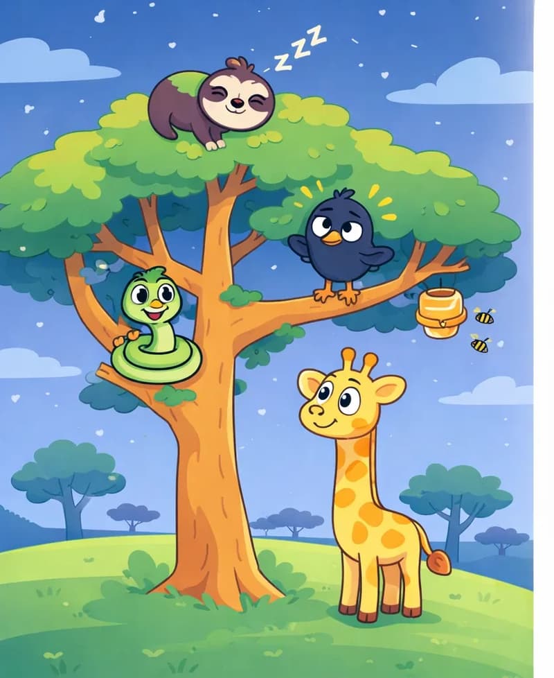 On the left side of the image, a large tree stands on a grassy hill. Sloth is perched at the very top of the tree, eyes closed and sleeping peacefully with "ZZZ" floating above, patches of green moss visible on their dark brown fur. Bird stands on a middle branch with wings slightly raised and small yellow radiance lines around its head. Snake is coiled around a lower branch, resting with a relaxed expression. Giraffe stands at the base of the tree on the left, looking up at the full tree with a calm expression. A small beehive hangs from a branch on the right side of the tree, with a few bees buzzing nearby. The outdoor scene shows a nighttime landscape with a few smaller trees in the background and soft clouds in the sky. The right side of the image is plain white background.