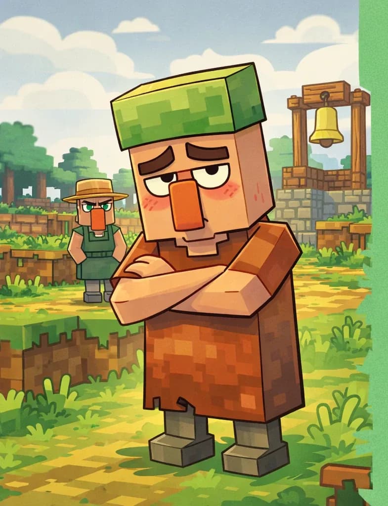 On the left side of the image, Nitwit stands in the foreground with arms crossed, looking unwell with a downturned expression and slightly flushed face. Behind Nitwit, a bell structure rises on wooden posts in a village square, and another villager (Nitwit's chum) stands near the bell as if waiting for him. The scene is set outdoors in a Minecraft village during daytime with a bright, slightly cloudy sky and green grass underfoot. The right side of the image is plain green background.