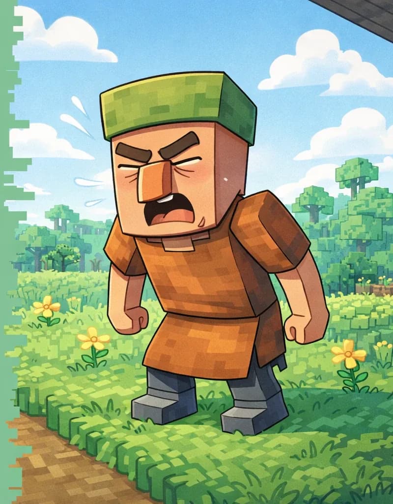 On the right side of the image, Nitwit stands on a thick patch of bright green grass, leaning forward slightly with his eyes squinted shut and mouth scrunched up in a pre-sneeze grimace, arms braced at his sides — clearly about to unleash a massive sneeze. The outdoor scene is set on a bright sunny day with blue sky and white clouds, with blocky trees and yellow flowers dotting the grassy landscape behind him. The left side of the image is plain green background, clear for text overlay.