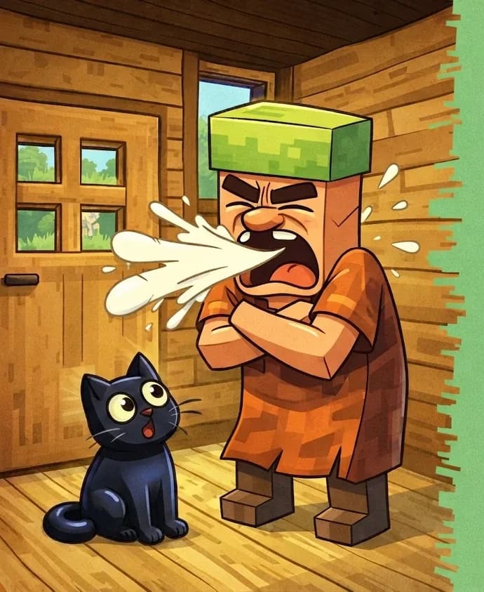 On the left side of the image, Nitwit stands inside a small wooden cabin, facing forward with eyes squeezed shut and mouth wide open in a powerful mid-sneeze, arms crossed tightly in front of his body as the sneeze erupts. Cat sits on the floor nearby to Nitwit's left, looking up at him with wide startled eyes. The interior scene shows wooden plank walls, a wooden door, and a window letting in daylight. The right ~40% of the image is plain green background for text overlay.