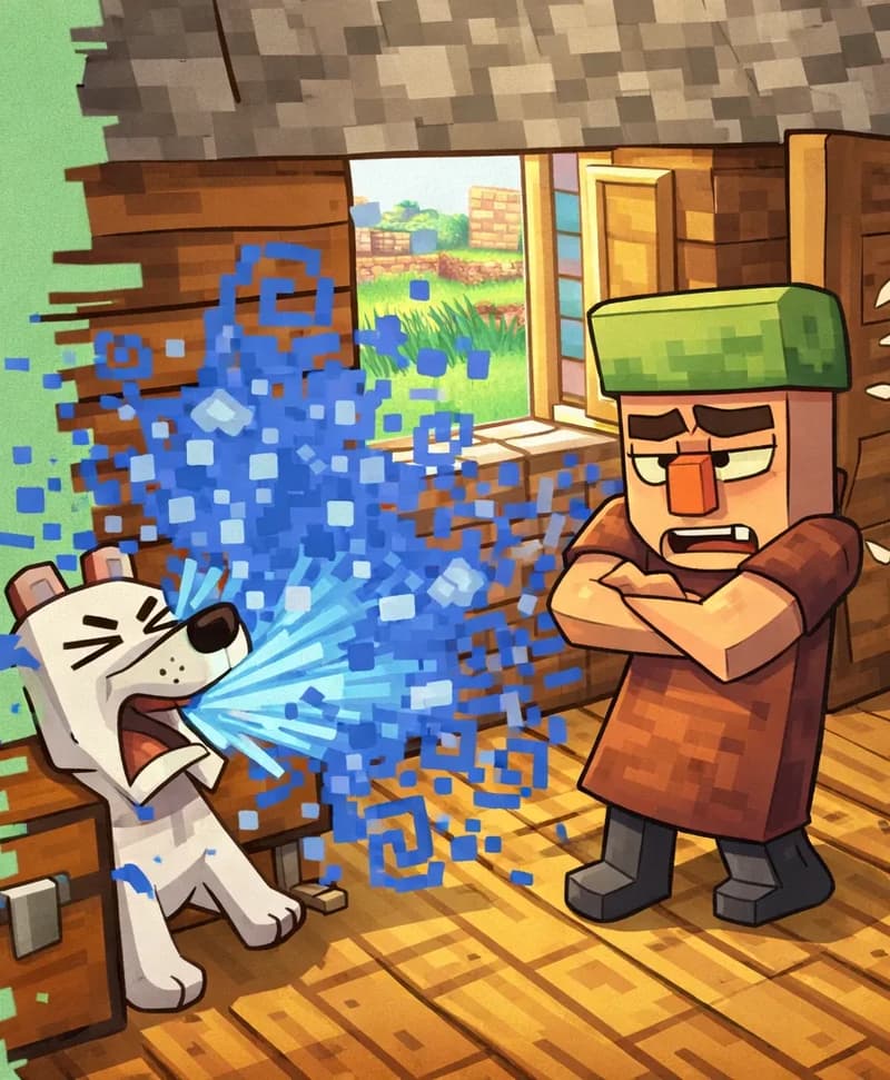 On the right side of the image, inside a wooden house with a stone ceiling and parquet floor, Dog is standing and sneezing explosively — a massive burst of blue particles sprays outward from Dog, filling much of the room. Nitwit is visible on the far right, ducking and recoiling from the blast of sneeze particles with a disgusted expression. A window in the background shows a green yard outside, and the left side of the image is plain green background.