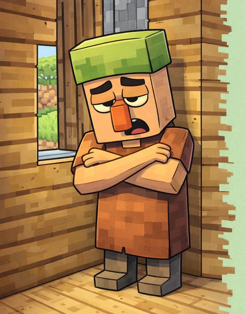 On the left side of the image, Nitwit stands inside a wooden house, looking unwell with a droopy, miserable expression — eyes half-closed and mouth slightly open as if mid-sneeze. His arms are folded across his chest and he leans slightly against the wooden wall behind him. The indoor scene shows wooden plank walls and floor, with a glimpse of green outdoors visible through an opening to the left. The right side of the image is plain mint-green background.