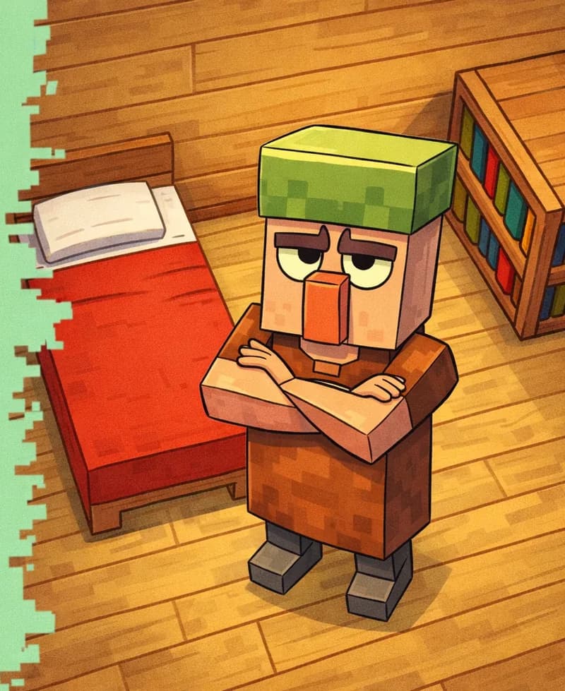 On the right side of the image, Nitwit is standing inside a wooden house, viewed from a top-down angle. Nitwit has a stubborn, slightly grumpy expression with arms crossed, looking up at the viewer defiantly — clearly refusing to go to bed. Behind him, a simple wooden bed with a red wool blanket is visible against the wall, conspicuously empty. A bookshelf with colorful books is visible against the wall to the right. The left ~40% of the image is plain mint-green background, and the indoor wooden plank floor transitions into this open space.