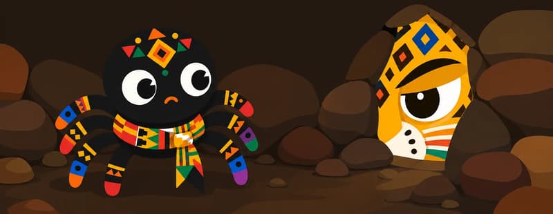 Create a single full-page children's book illustration. Use the attached character reference images and match each named character exactly — same shapes, colors and clothing; do not redesign them. SCENE: Anansi (match attached reference) inside a dim den peers toward the escape gap, then pulls back to think. The narrow rock entrance is blocked by Leopard (match attached reference), with one half-closed eye filling the gap. COMPOSITION: Compose ONE full-bleed scene with a single continuous background that fills the whole image, characters at natural size placed in the lower part of the frame. Keep the TOP 50% text area genuinely open — plain, continuous background with NO characters, objects, props, hanging items, plants, patterns or decorations in it — while the rest of the scene fills the frame naturally. That TOP 50% text area must be the SAME continuous background color as the scene (not a flat panel, not a different shade, no dividing line). Do NOT shrink or squash the characters. Book text will be overlaid in the TOP 50% text area. Do not include any written text, letters, numbers, captions, speech bubbles, signs, labels, logos, or watermarks anywhere; the image must be purely illustrative.