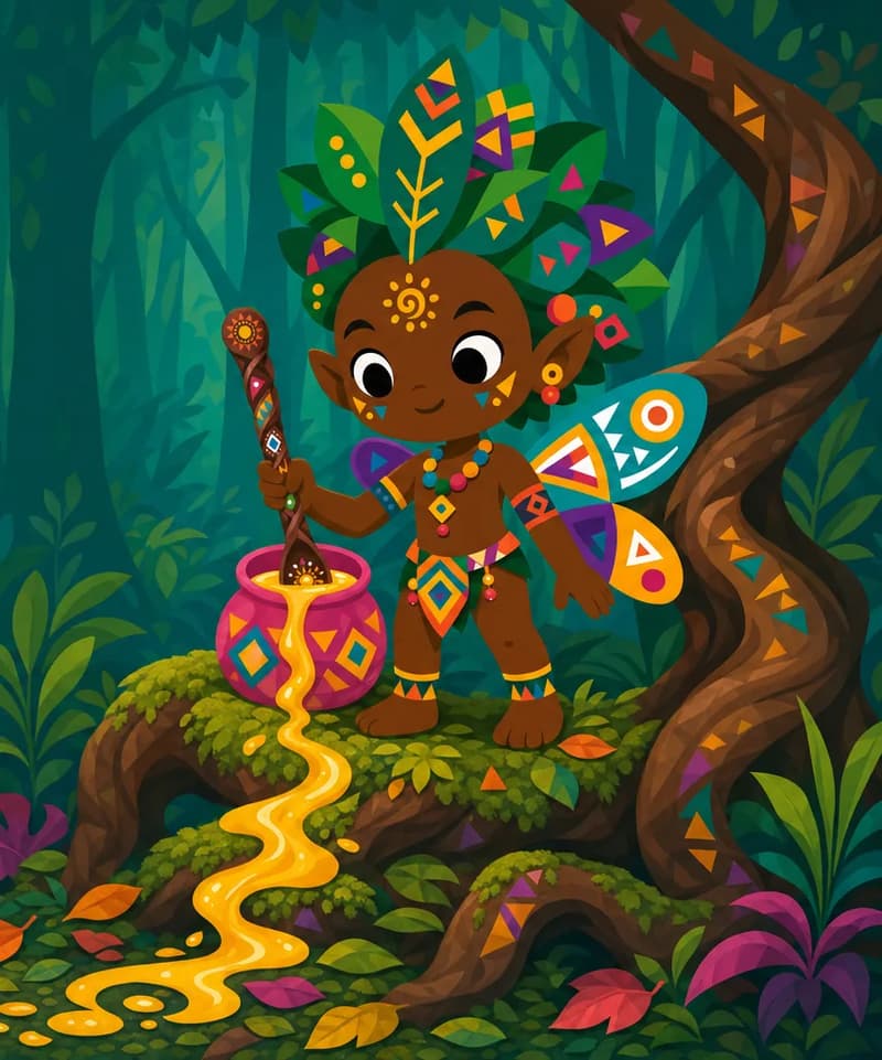 Create a single full-page children's book illustration. Use the attached character reference images and match each named character exactly — same shapes, colors and clothing; do not redesign them. SCENE: Mmoatia (match attached reference) stands on a twisted serpent-like root in the Ashanti forest, stirring a tiny bright plastic water container with Magic Spoon (match attached reference). Golden soup spills from it in ribbons over moss and fallen leaves. COMPOSITION: Compose ONE full-bleed scene with a single continuous background that fills the whole image, characters at natural size placed toward the RIGHT. Keep the LEFT 50% text area genuinely open — plain, continuous background with NO characters, objects, props, hanging items, plants, patterns or decorations in it — while the rest of the scene fills the frame naturally. That LEFT 50% text area must be the SAME continuous background color as the scene (not a flat panel, not a different shade, no dividing line). Do NOT shrink or squash the characters. Book text will be overlaid in the LEFT 50% text area. Do not include any written text, letters, numbers, captions, speech bubbles, signs, labels, logos, or watermarks anywhere; the image must be purely illustrative.