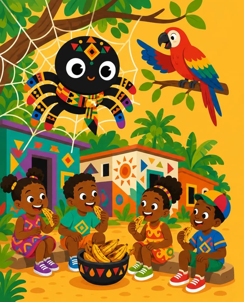 Create a single full-page children's book illustration. Use the attached character reference images and match each named character exactly — same shapes, colors and clothing; do not redesign them. SCENE: Anansi (match attached reference) leans almost out of his web with greedy excitement while a colorful forest parrot gestures from a branch. Below, village children in bright clothes and trainers eat roasted plantains near painted cement homes. COMPOSITION: Compose ONE full-bleed scene with a single continuous background that fills the whole image, characters at natural size placed toward the LEFT. Keep the RIGHT 50% text area genuinely open — plain, continuous background with NO characters, objects, props, hanging items, plants, patterns or decorations in it — while the rest of the scene fills the frame naturally. That RIGHT 50% text area must be the SAME continuous background color as the scene (not a flat panel, not a different shade, no dividing line). Do NOT shrink or squash the characters. Book text will be overlaid in the RIGHT 50% text area. Do not include any written text, letters, numbers, captions, speech bubbles, signs, labels, logos, or watermarks anywhere; the image must be purely illustrative.