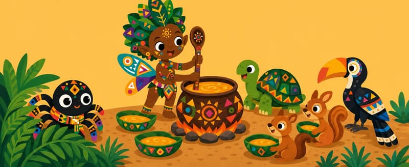 Create a single full-page children's book illustration. Use the attached character reference images and match each named character exactly — same shapes, colors and clothing; do not redesign them. SCENE: Mmoatia (match attached reference) sings and stirs a pot of golden stew with Magic Spoon (match attached reference), filling leaf-bowls for a waiting tortoise, squirrels, and hornbill. Anansi (match attached reference) crouches unseen behind a large fern, staring hungrily at the stew. COMPOSITION: Compose ONE full-bleed scene with a single continuous background that fills the whole image, characters at natural size placed in the lower part of the frame. Keep the TOP 50% text area genuinely open — plain, continuous background with NO characters, objects, props, hanging items, plants, patterns or decorations in it — while the rest of the scene fills the frame naturally. That TOP 50% text area must be the SAME continuous background color as the scene (not a flat panel, not a different shade, no dividing line). Do NOT shrink or squash the characters. Book text will be overlaid in the TOP 50% text area. Do not include any written text, letters, numbers, captions, speech bubbles, signs, labels, logos, or watermarks anywhere; the image must be purely illustrative.