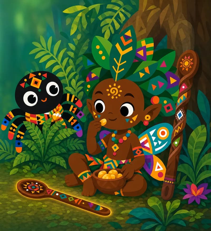 Create a single full-page children's book illustration. Use the attached character reference images and match each named character exactly — same shapes, colors and clothing; do not redesign them. SCENE: Mmoatia (match attached reference) eats from a small clay bowl in the forest while Anansi (match attached reference) peeks from behind a fern, watching Magic Spoon (match attached reference; the spiral carving glows faintly gold) resting beside the bowl. COMPOSITION: Compose ONE full-bleed scene with a single continuous background that fills the whole image, characters at natural size placed toward the RIGHT. Keep the LEFT 50% text area genuinely open inside a smooth, low-detail gradient blur covering the LEFT 60% of the image. Use only a plain, continuous continuation of the scene background there, with NO characters, objects, props, hanging items, plants, patterns or decorations. Keep all important characters and detailed scene content in the RIGHT 40%, with only a soft natural fade into the blurred left text area. That LEFT 50% text area must be the SAME continuous background color as the scene (not a flat panel, not a different shade, no dividing line). Do NOT shrink or squash the characters. Book text will be overlaid in the LEFT 50% text area. Do not include any written text, letters, numbers, captions, speech bubbles, signs, labels, logos, or watermarks anywhere; the image must be purely illustrative.