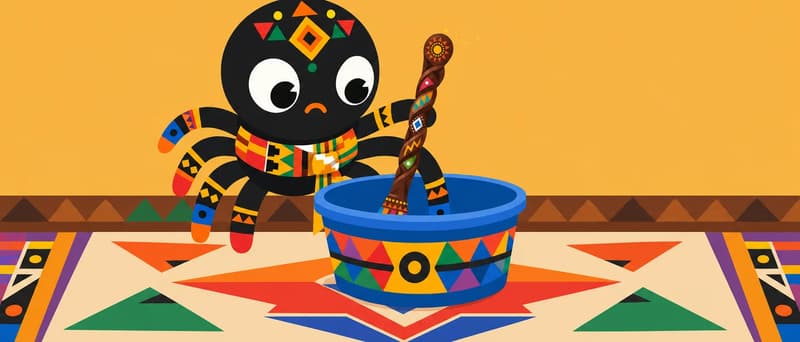Create a single full-page children's book illustration. Use the attached character reference images and match each named character exactly — same shapes, colors and clothing; do not redesign them. SCENE: Anansi (match attached reference) stands inside his home, furiously stirring inside an enormous empty bright plastic water container on the floor. He then shakes Magic Spoon (match attached reference; a faint gold glow extinguishes, leaving the spoon dark) over the rim, staring with bulging eyes. COMPOSITION: Compose ONE full-bleed scene with a single continuous background that fills the whole image, characters at natural size placed in the lower part of the frame. Keep the TOP 50% text area genuinely open — plain, continuous background with NO characters, objects, props, hanging items, plants, patterns or decorations in it — while the rest of the scene fills the frame naturally. That TOP 50% text area must be the SAME continuous background color as the scene (not a flat panel, not a different shade, no dividing line). Do NOT shrink or squash the characters. Book text will be overlaid in the TOP 50% text area. Do not include any written text, letters, numbers, captions, speech bubbles, signs, labels, logos, or watermarks anywhere; the image must be purely illustrative.