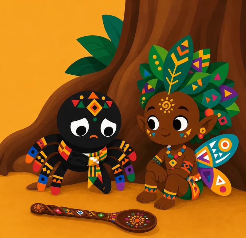 Create a single full-page children's book illustration. Use the attached character reference images and match each named character exactly — same shapes, colors and clothing; do not redesign them. SCENE: Anansi (match attached reference) slumps at the base of Mmoatia (match attached reference)’s root, embarrassed, with a hollow hungry belly. Mmoatia sits calmly across from him, and Magic Spoon (match attached reference) lies on the ground between them. COMPOSITION: Compose ONE full-bleed scene with a single continuous background that fills the whole image, characters at natural size placed toward the RIGHT. Keep the LEFT 50% text area genuinely open — plain, continuous background with NO characters, objects, props, hanging items, plants, patterns or decorations in it — while the rest of the scene fills the frame naturally. That LEFT 50% text area must be the SAME continuous background color as the scene (not a flat panel, not a different shade, no dividing line). Do NOT shrink or squash the characters. Book text will be overlaid in the LEFT 50% text area. Do not include any written text, letters, numbers, captions, speech bubbles, signs, labels, logos, or watermarks anywhere; the image must be purely illustrative.