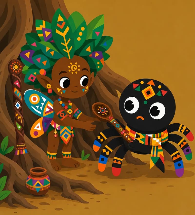 Create a single full-page children's book illustration. Use the attached character reference images and match each named character exactly — same shapes, colors and clothing; do not redesign them. SCENE: Mmoatia (match attached reference) hands Magic Spoon (match attached reference) back to Anansi (match attached reference) beside tangled forest roots and a tiny pot. Anansi cradles it carefully, looking uncertain and thoughtful. COMPOSITION: Compose ONE full-bleed scene with a single continuous background that fills the whole image, characters at natural size placed toward the LEFT. Keep the RIGHT 50% text area genuinely open — plain, continuous background with NO characters, objects, props, hanging items, plants, patterns or decorations in it — while the rest of the scene fills the frame naturally. That RIGHT 50% text area must be the SAME continuous background color as the scene (not a flat panel, not a different shade, no dividing line). Do NOT shrink or squash the characters. Book text will be overlaid in the RIGHT 50% text area. Do not include any written text, letters, numbers, captions, speech bubbles, signs, labels, logos, or watermarks anywhere; the image must be purely illustrative.