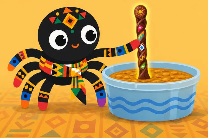 Create a single full-page children's book illustration. Use the attached character reference images and match each named character exactly — same shapes, colors and clothing; do not redesign them. SCENE: Anansi (match attached reference) peacefully stirs a bright plastic water container like a pot with Magic Spoon (match attached reference; the spiral carving glows warmly gold), watching golden groundnut stew rise inside. COMPOSITION: Compose ONE full-bleed scene with a single continuous background that fills the whole image, characters at natural size placed in the lower part of the frame. Keep the TOP 50% text area genuinely open inside a smooth, low-detail gradient blur covering the TOP 60% of the image. Use only a plain, continuous continuation of the scene background there, with NO characters, objects, props, hanging items, plants, patterns or decorations. Keep all important characters and detailed scene content in the LOWER 40%, with only a soft natural fade into the blurred top text area. That TOP 50% text area must be the SAME continuous background color as the scene (not a flat panel, not a different shade, no dividing line). Do NOT shrink or squash the characters. Book text will be overlaid in the TOP 50% text area. Do not include any written text, letters, numbers, captions, speech bubbles, signs, labels, logos, or watermarks anywhere; the image must be purely illustrative.
