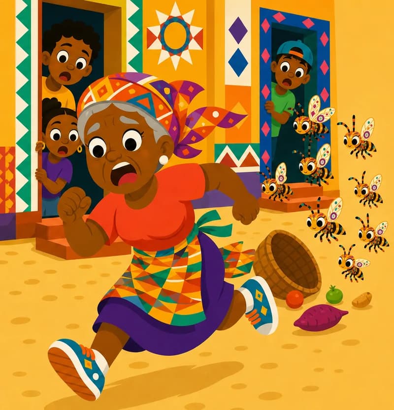 Create a single full-page children's book illustration. Use the attached character reference images and match each named character exactly — same shapes, colors and clothing; do not redesign them. SCENE: Grandmother Akosua sprints from a furious hornet swarm in comic panic beside a painted doorway. Her bright T-shirt and small kente-pattern apron flare as her scarf flies loose and her basket spills, while frightened hungry villagers peek from behind doorways. COMPOSITION: Compose ONE full-bleed scene with a single continuous background that fills the whole image, characters at natural size placed toward the LEFT. Keep the RIGHT 50% text area genuinely open — plain, continuous background with NO characters, objects, props, hanging items, plants, patterns or decorations in it — while the rest of the scene fills the frame naturally. That RIGHT 50% text area must be the SAME continuous background color as the scene (not a flat panel, not a different shade, no dividing line). Do NOT shrink or squash the characters. Book text will be overlaid in the RIGHT 50% text area. Do not include any written text, letters, numbers, captions, speech bubbles, signs, labels, logos, or watermarks anywhere; the image must be purely illustrative.