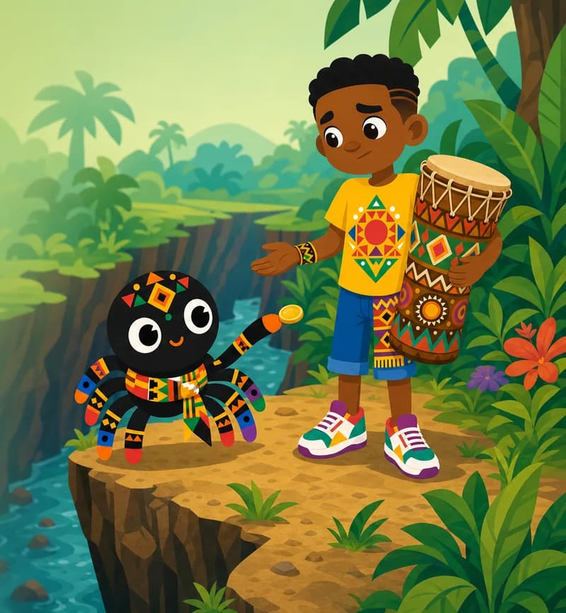 Create a single full-page children's book illustration. Use the attached character reference images and match each named character exactly — same shapes, colors and clothing; do not redesign them. SCENE: Anansi (match attached reference) hands a small golden coin to Kofi (match attached reference), who shrugs while holding Kofi's hollow-log drum (match attached reference) under one arm. They stand in the jungle near a dark ravine with a river at the bottom. COMPOSITION: Compose ONE full-bleed scene with a single continuous background that fills the whole image, characters at natural size placed toward the RIGHT. Keep the LEFT 50% text area genuinely open inside a smooth, low-detail gradient blur covering the LEFT 60% of the image. Use only a plain, continuous continuation of the scene background there, with NO characters, objects, props, hanging items, plants, patterns or decorations. Keep all important characters and detailed scene content in the RIGHT 40%, with only a soft natural fade into the blurred left text area. That LEFT 50% text area must be the SAME continuous background color as the scene (not a flat panel, not a different shade, no dividing line). Do NOT shrink or squash the characters. Book text will be overlaid in the LEFT 50% text area. Do not include any written text, letters, numbers, captions, speech bubbles, signs, labels, logos, or watermarks anywhere; the image must be purely illustrative.