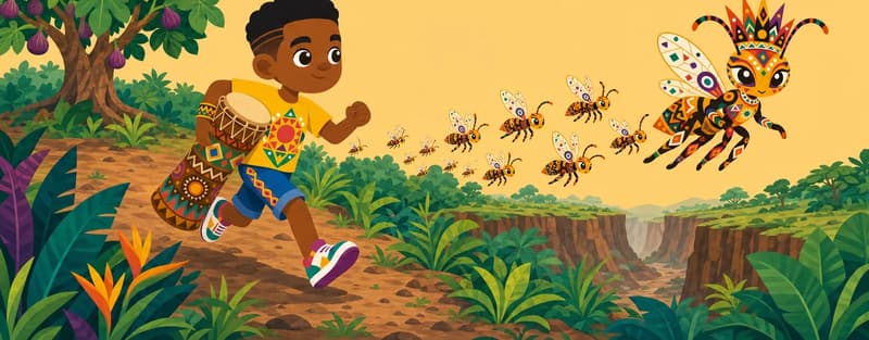 Create a single full-page children's book illustration. Use the attached character reference images and match each named character exactly — same shapes, colors and clothing; do not redesign them. SCENE: Kofi (match attached reference) sprints into the deep forest with Kofi's hollow-log drum (match attached reference) under his arm as the hornet swarm, including The Hornet Queen (match attached reference), streams toward the empty ravine. The fig tree stands alone and unguarded behind them. COMPOSITION: Compose ONE full-bleed scene with a single continuous background that fills the whole image, characters at natural size placed in the lower part of the frame. Keep the TOP 50% text area genuinely open — plain, continuous background with NO characters, objects, props, hanging items, plants, patterns or decorations in it — while the rest of the scene fills the frame naturally. That TOP 50% text area must be the SAME continuous background color as the scene (not a flat panel, not a different shade, no dividing line). Do NOT shrink or squash the characters. Book text will be overlaid in the TOP 50% text area. Do not include any written text, letters, numbers, captions, speech bubbles, signs, labels, logos, or watermarks anywhere; the image must be purely illustrative.