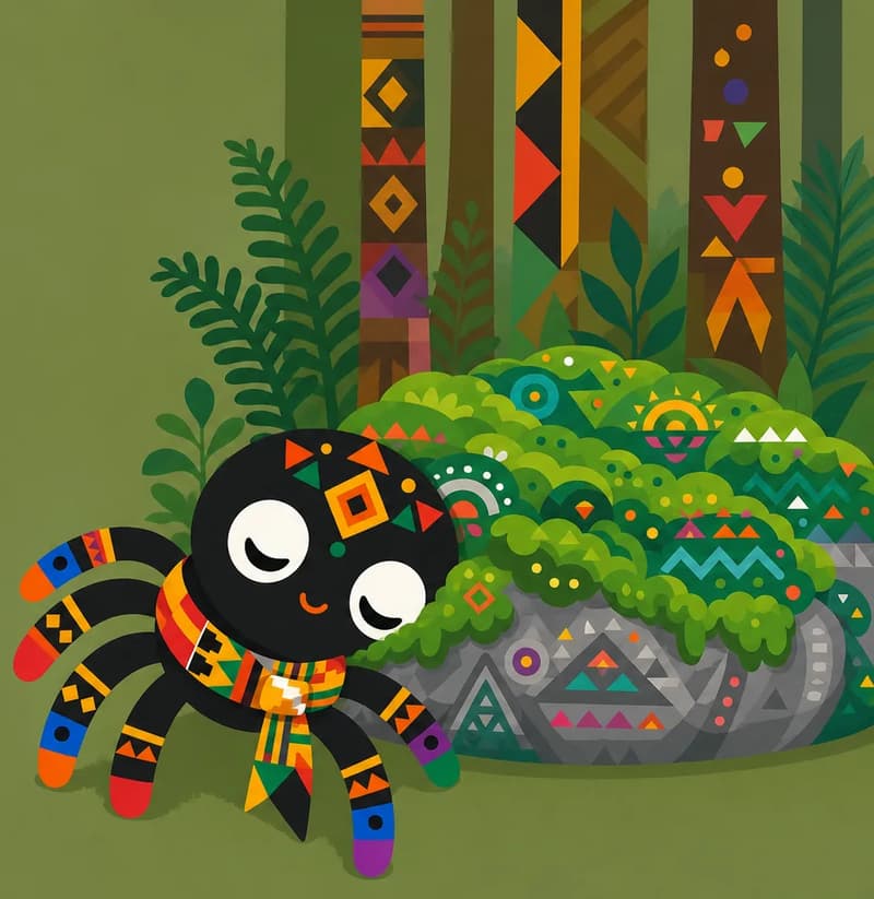 Create a single full-page children's book illustration. Use the attached character reference images and match each named character exactly — same shapes, colors and clothing; do not redesign them. SCENE: Anansi (match attached reference) leans nose-to-moss against Moss-Covered Rock (match attached reference) at the foot of a hill in the odum forest, legs splayed as his eyes begin to close. Damp ferns and tall odum trunks are visible. COMPOSITION: Compose ONE full-bleed scene with a single continuous background that fills the whole image, characters at natural size placed toward the RIGHT. Keep the LEFT 50% text area genuinely open — plain, continuous background with NO characters, objects, props, hanging items, plants, patterns or decorations in it — while the rest of the scene fills the frame naturally. That LEFT 50% text area must be the SAME continuous background color as the scene (not a flat panel, not a different shade, no dividing line). Do NOT shrink or squash the characters. Book text will be overlaid in the LEFT 50% text area. Do not include any written text, letters, numbers, captions, speech bubbles, signs, labels, logos, or watermarks anywhere; the image must be purely illustrative.