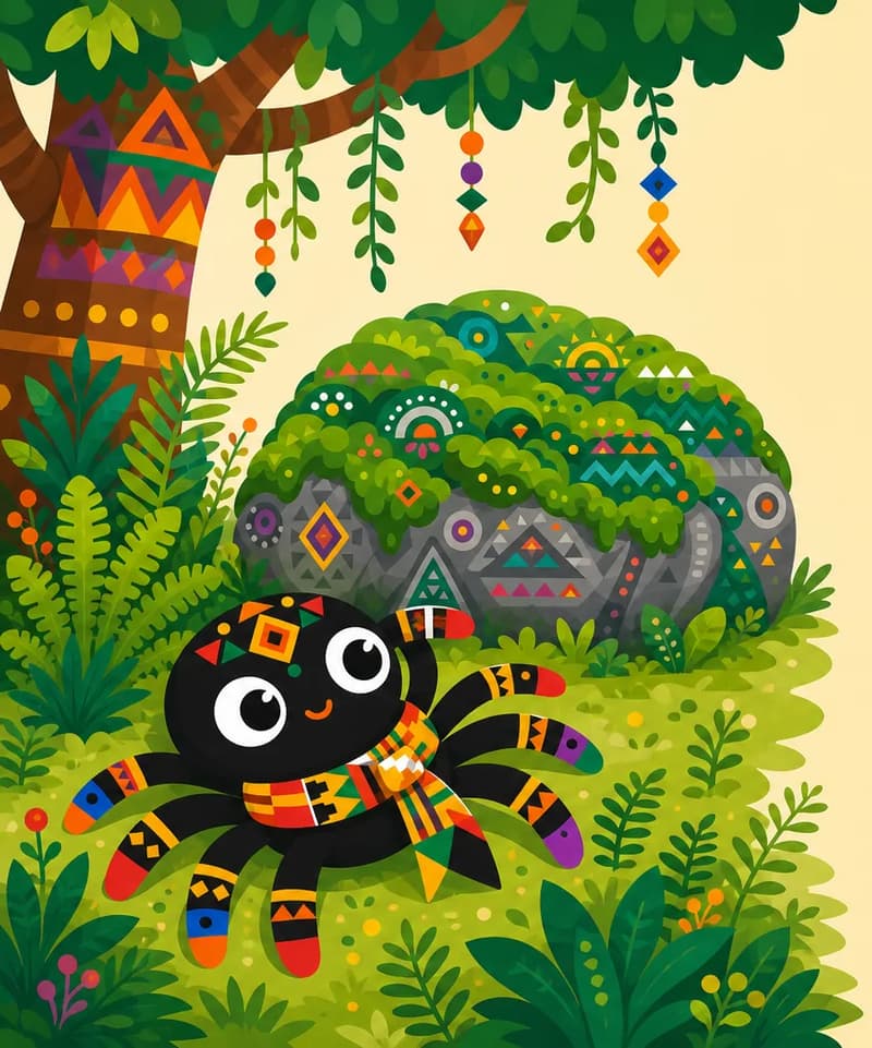 Create a single full-page children's book illustration. Use the attached character reference images and match each named character exactly — same shapes, colors and clothing; do not redesign them. SCENE: Anansi (match attached reference) lies on his back in ferns in the odum forest, legs splayed, waking confused with a small scheming smile. Moss-Covered Rock (match attached reference) sits nearby under the canopy. COMPOSITION: Compose ONE full-bleed scene with a single continuous background that fills the whole image, characters at natural size placed toward the LEFT. Keep the RIGHT 50% text area genuinely open — plain, continuous background with NO characters, objects, props, hanging items, plants, patterns or decorations in it — while the rest of the scene fills the frame naturally. That RIGHT 50% text area must be the SAME continuous background color as the scene (not a flat panel, not a different shade, no dividing line). Do NOT shrink or squash the characters. Book text will be overlaid in the RIGHT 50% text area. Do not include any written text, letters, numbers, captions, speech bubbles, signs, labels, logos, or watermarks anywhere; the image must be purely illustrative.