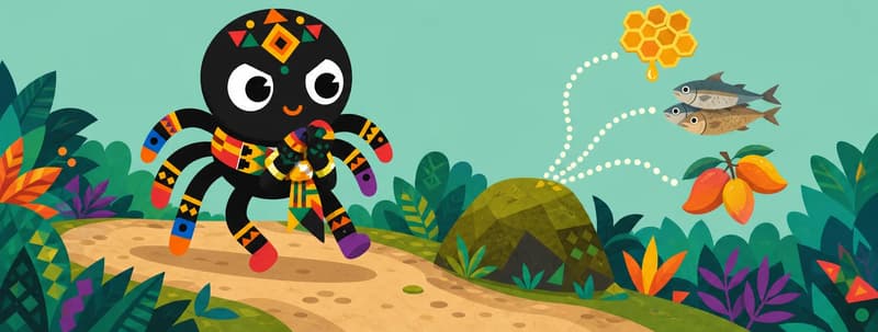 Create a single full-page children's book illustration. Use the attached character reference images and match each named character exactly — same shapes, colors and clothing; do not redesign them. SCENE: Anansi (match attached reference) walks briskly along a forest path, rubbing four legs together with a plotting grin. Dotted imagined paths lead from a mossy rock to honeycomb, dried fish, and mangoes. COMPOSITION: Compose ONE full-bleed scene with a single continuous background that fills the whole image, characters at natural size placed in the lower part of the frame. Keep the TOP 50% text area genuinely open — plain, continuous background with NO characters, objects, props, hanging items, plants, patterns or decorations in it — while the rest of the scene fills the frame naturally. That TOP 50% text area must be the SAME continuous background color as the scene (not a flat panel, not a different shade, no dividing line). Do NOT shrink or squash the characters. Book text will be overlaid in the TOP 50% text area. Do not include any written text, letters, numbers, captions, speech bubbles, signs, labels, logos, or watermarks anywhere; the image must be purely illustrative.