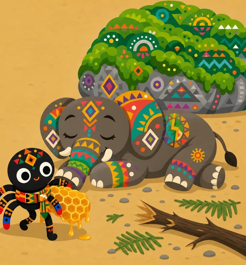 Create a single full-page children's book illustration. Use the attached character reference images and match each named character exactly — same shapes, colors and clothing; do not redesign them. SCENE: Anansi (match attached reference) steps over Elephant (match attached reference)’s foot on the south forest path beside Moss-Covered Rock (match attached reference), carrying a dripping honeycomb almost as big as himself while Elephant snores in the path. A cracked branch and flattened ferns lie nearby. COMPOSITION: Compose ONE full-bleed scene with a single continuous background that fills the whole image, characters at natural size placed toward the RIGHT. Keep the LEFT 50% text area genuinely open — plain, continuous background with NO characters, objects, props, hanging items, plants, patterns or decorations in it — while the rest of the scene fills the frame naturally. That LEFT 50% text area must be the SAME continuous background color as the scene (not a flat panel, not a different shade, no dividing line). Do NOT shrink or squash the characters. Book text will be overlaid in the LEFT 50% text area. Do not include any written text, letters, numbers, captions, speech bubbles, signs, labels, logos, or watermarks anywhere; the image must be purely illustrative.