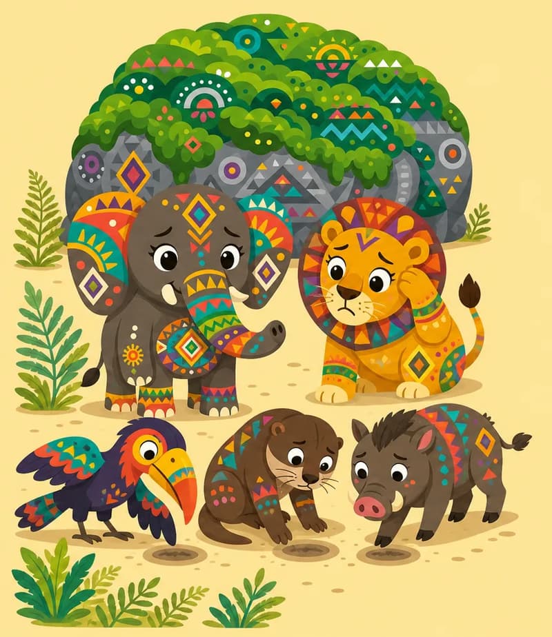 Create a single full-page children's book illustration. Use the attached character reference images and match each named character exactly — same shapes, colors and clothing; do not redesign them. SCENE: Elephant (match attached reference), Lion, Hornbill, Otter, and Bush-pig wake up along the south path fern bed, looking bewildered and patting the empty spots where their food was. Moss-Covered Rock (match attached reference) sits silently behind them. COMPOSITION: Compose ONE full-bleed scene with a single continuous background that fills the whole image, characters at natural size placed toward the LEFT. Keep the RIGHT 50% text area genuinely open — plain, continuous background with NO characters, objects, props, hanging items, plants, patterns or decorations in it — while the rest of the scene fills the frame naturally. That RIGHT 50% text area must be the SAME continuous background color as the scene (not a flat panel, not a different shade, no dividing line). Do NOT shrink or squash the characters. Book text will be overlaid in the RIGHT 50% text area. Do not include any written text, letters, numbers, captions, speech bubbles, signs, labels, logos, or watermarks anywhere; the image must be purely illustrative.