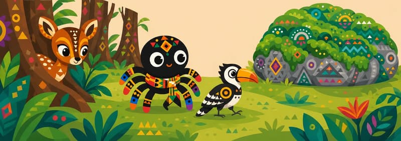 Create a single full-page children's book illustration. Use the attached character reference images and match each named character exactly — same shapes, colors and clothing; do not redesign them. SCENE: Bush Deer (match attached reference) hides against a wild-fig tree trunk, watching Anansi (match attached reference) lead Hornbill toward Moss-Covered Rock (match attached reference). She peeks alertly from the leaves, with a mossy clearing visible through the trunks. COMPOSITION: Compose ONE full-bleed scene with a single continuous background that fills the whole image, characters at natural size placed in the lower part of the frame. Keep the TOP 50% text area genuinely open — plain, continuous background with NO characters, objects, props, hanging items, plants, patterns or decorations in it — while the rest of the scene fills the frame naturally. That TOP 50% text area must be the SAME continuous background color as the scene (not a flat panel, not a different shade, no dividing line). Do NOT shrink or squash the characters. Book text will be overlaid in the TOP 50% text area. Do not include any written text, letters, numbers, captions, speech bubbles, signs, labels, logos, or watermarks anywhere; the image must be purely illustrative.