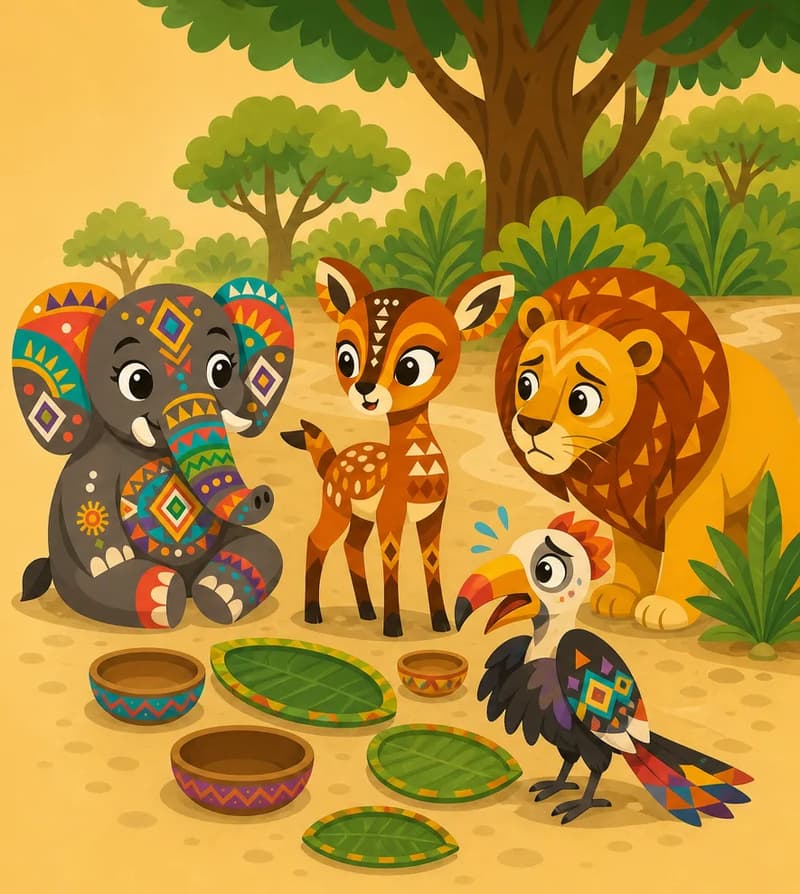 Create a single full-page children's book illustration. Use the attached character reference images and match each named character exactly — same shapes, colors and clothing; do not redesign them. SCENE: Bush Deer (match attached reference) calmly explains the thefts on the south path, standing among embarrassed animals. Elephant (match attached reference) sits deliberately, Lion leans in, Hornbill looks flustered, and empty food places show what happened. COMPOSITION: Compose ONE full-bleed scene with a single continuous background that fills the whole image, characters at natural size placed toward the RIGHT. Keep the LEFT 50% text area genuinely open — plain, continuous background with NO characters, objects, props, hanging items, plants, patterns or decorations in it — while the rest of the scene fills the frame naturally. That LEFT 50% text area must be the SAME continuous background color as the scene (not a flat panel, not a different shade, no dividing line). Do NOT shrink or squash the characters. Book text will be overlaid in the LEFT 50% text area. Do not include any written text, letters, numbers, captions, speech bubbles, signs, labels, logos, or watermarks anywhere; the image must be purely illustrative.