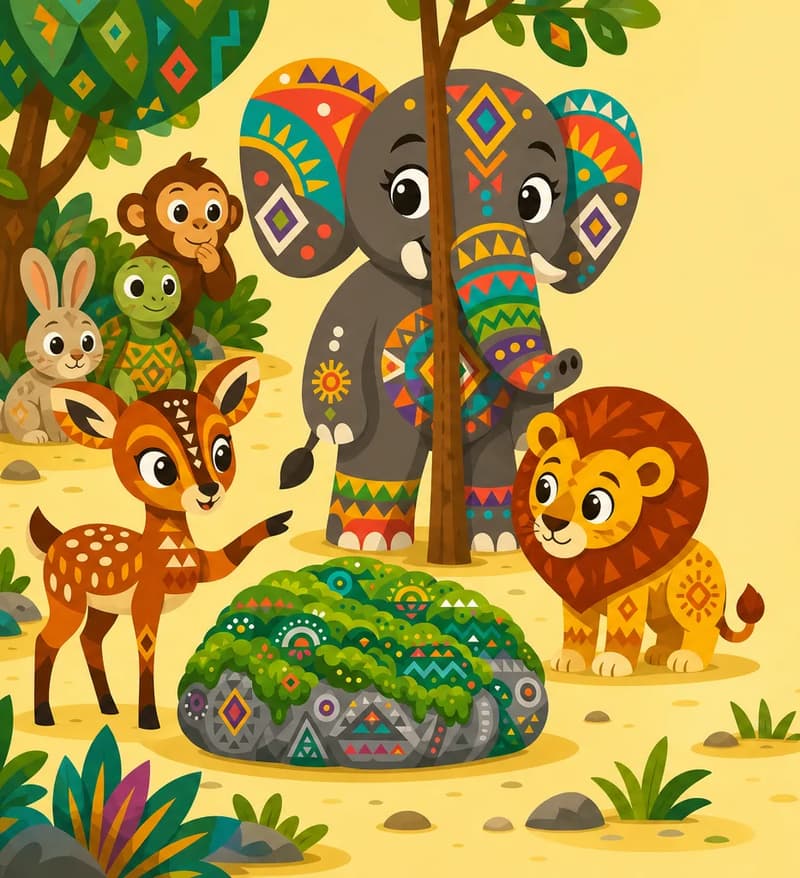 Create a single full-page children's book illustration. Use the attached character reference images and match each named character exactly — same shapes, colors and clothing; do not redesign them. SCENE: Bush Deer (match attached reference) stands in a forest clearing by Moss-Covered Rock (match attached reference), calmly demonstrating the plan. Elephant (match attached reference) tries to hide behind a thin tree that barely covers one leg, while Lion nods seriously and waiting animals cluster nearby. COMPOSITION: Compose ONE full-bleed scene with a single continuous background that fills the whole image, characters at natural size placed toward the LEFT. Keep the RIGHT 50% text area genuinely open — plain, continuous background with NO characters, objects, props, hanging items, plants, patterns or decorations in it — while the rest of the scene fills the frame naturally. That RIGHT 50% text area must be the SAME continuous background color as the scene (not a flat panel, not a different shade, no dividing line). Do NOT shrink or squash the characters. Book text will be overlaid in the RIGHT 50% text area. Do not include any written text, letters, numbers, captions, speech bubbles, signs, labels, logos, or watermarks anywhere; the image must be purely illustrative.